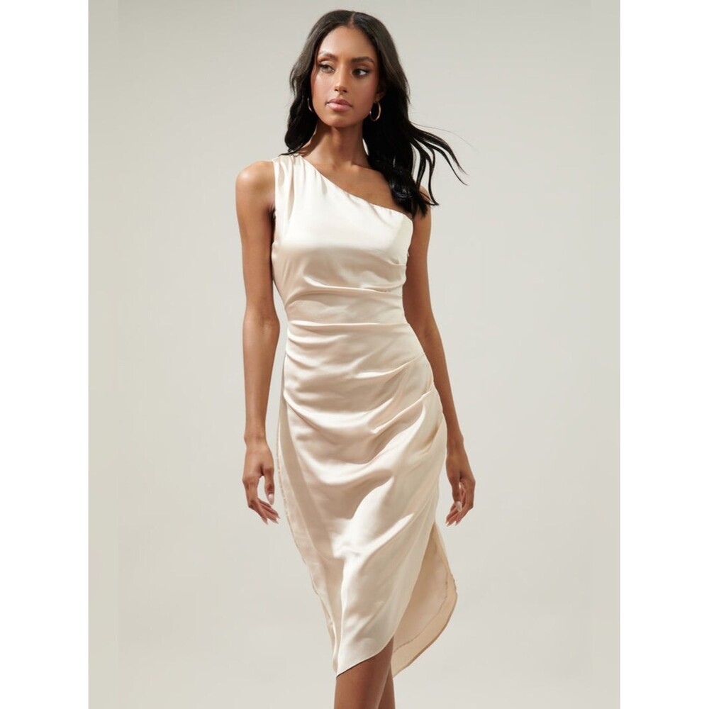 Sugar Lips One Shoulder Satin Midi Dress Champagne Small Ruched Asymmetric